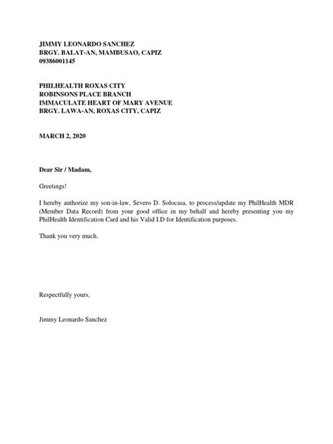 authorization letter sample for philhealth